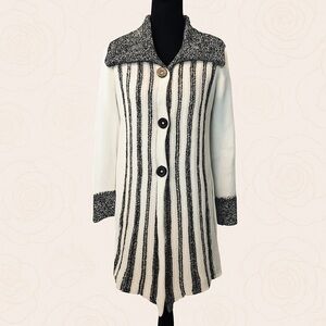 Vintage Long Knit Sweater Coat Jacket L Black White Textured Stripe Button Front